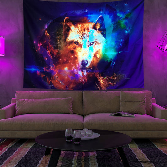 UV Black Light Tapestry,Fluorescent Wolf Tapestry, Goth, Horror, Colorfull Wolves Wall Hanging, Psychedelic  Trippy Mandala Party Décor