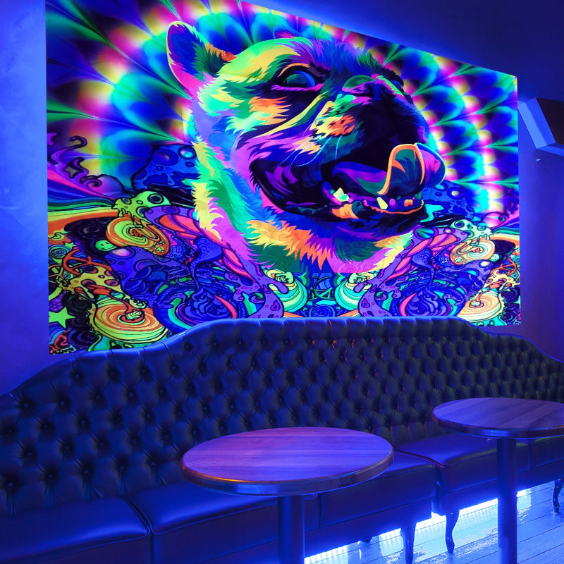 UV Black Light Neon Tapestry, Psychedelic Dog Fluorescent Wall Hanging,  Abstract Pet Trippy Mandala Party Décor, for Living Room, Bedroom