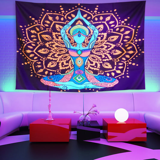 Fluorescent UV Black Light Tapestry, Indian Meditation Seven Chakra Yoga Wall Hanging , Mandala Hippy ,Party Décor, for Bedroom, Room