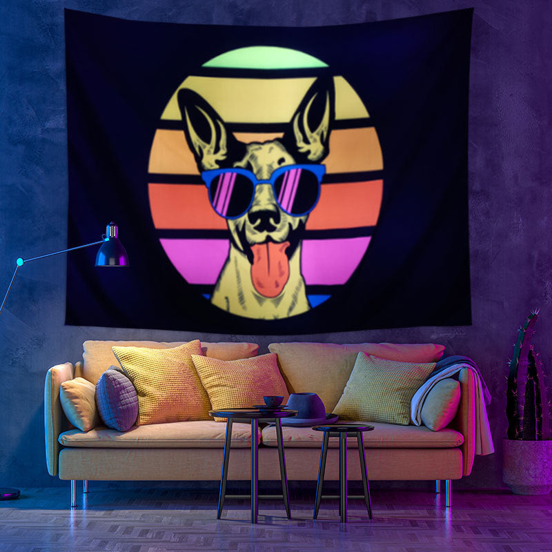 Psy Backdrop Wall, UV Black Light Fluorescent Tapestry, Dog Animal Wall Hanging , Sun Mandala Wall Art, Party Décor, for Bedroom, Room