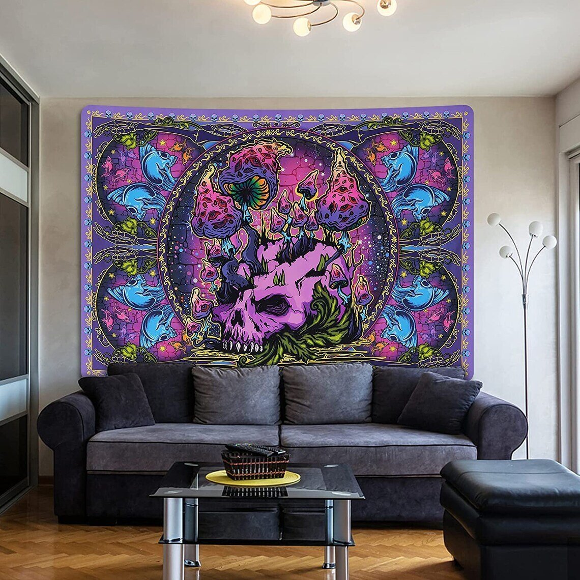 Trippy Mushroom Tapestry, Skull  Skeleton Wall Hanging, Psychedelic Décor,  Hippie Mandala, Mystic Aesthetic Fantasy Art For Dorm,Bedroom