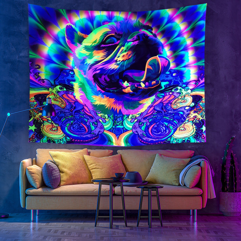 UV Black Light Neon Tapestry, Psychedelic Dog Fluorescent Wall Hanging,  Abstract Pet Trippy Mandala Party Décor, for Living Room, Bedroom