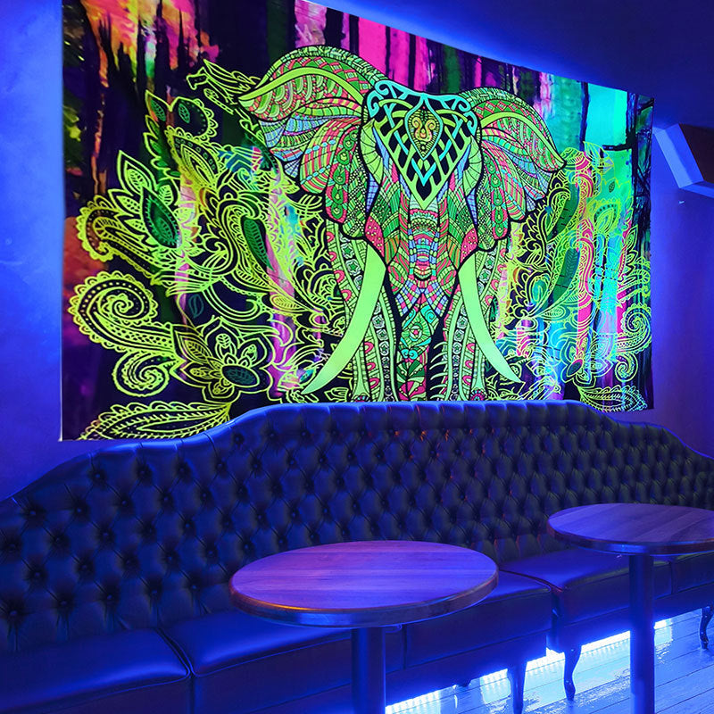 UV Black Light Tapestry, Fluorescent Psychedelic Elephant Wall Hanging, Abstract Trippy Indian Mandala Party Décor, for Living Room,Yoga
