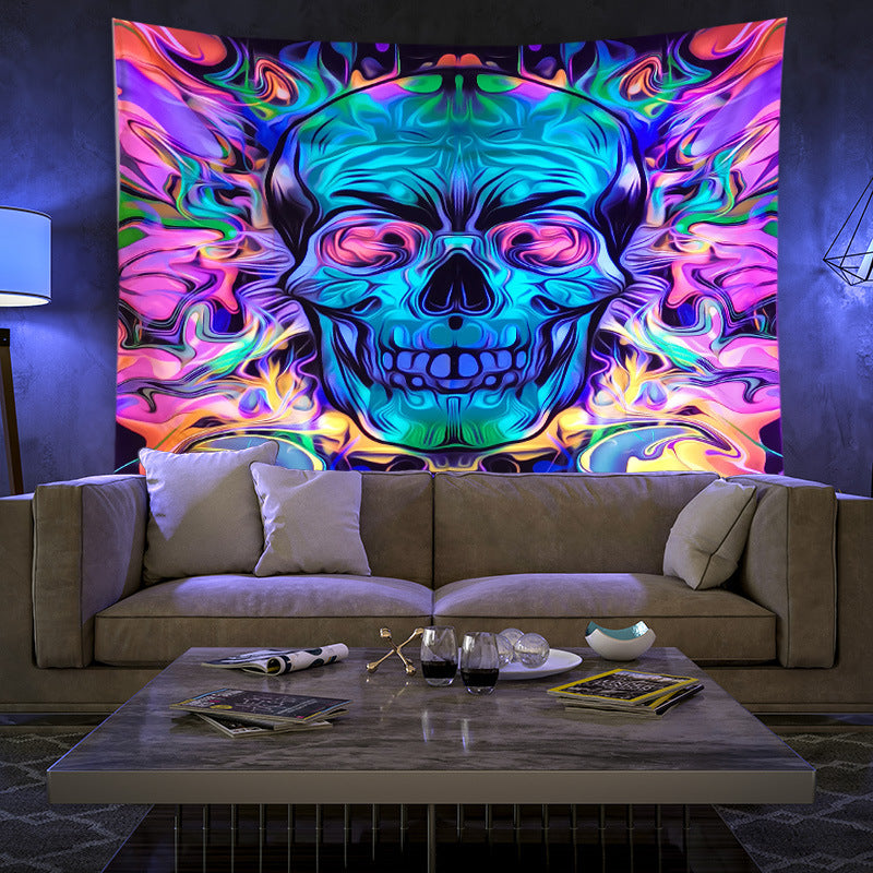 UV Black Light Tapestry, Fluorescent Skull Tapestry, Goth, Horror, Pagan, Wall Hanging, Psychedelic Hippie Trippy Mandala Party Décor
