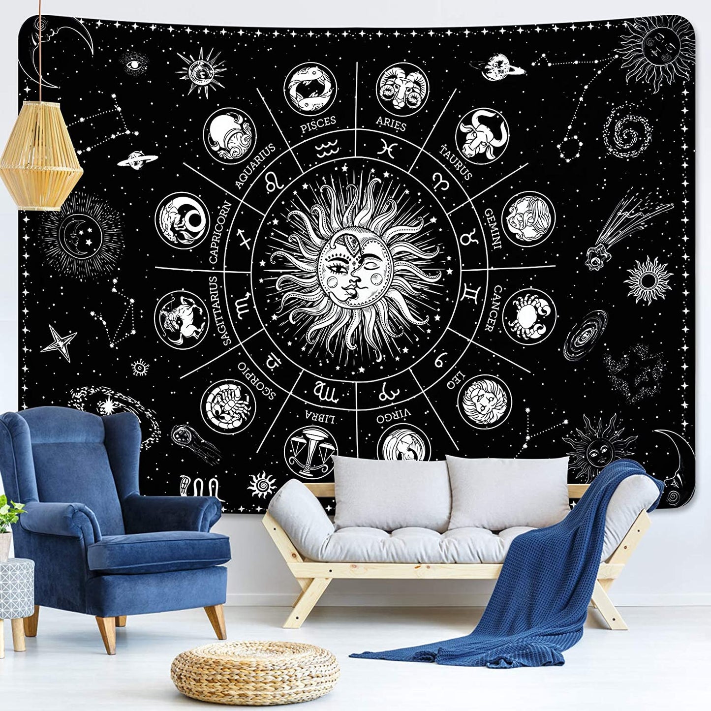 Sun and Moon Tapestry, Zodiac Wall Art , Goth Tapestry ,Black And White Wall Hanging, Tarot Cloth, Trippy Mystical Mandala,Witchy Stuff