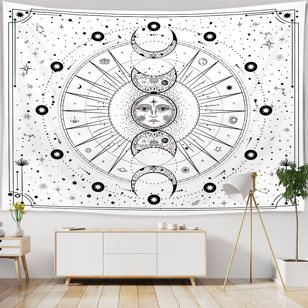 White and Black Tapestry, Sun Moon Wall Hanging , White Tapestry ,Tarot Wall Hanging, Boho Cloth, Trippy Psychedelic  Mandala For Bedroom