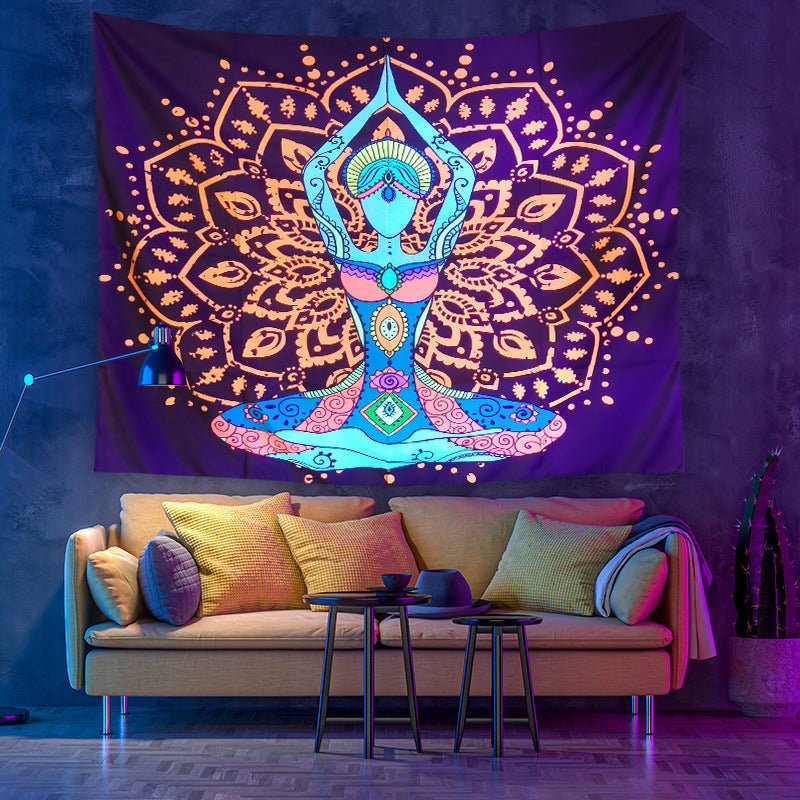 Fluorescent UV Black Light Tapestry, Indian Meditation Seven Chakra Yoga Wall Hanging , Mandala Hippy ,Party Décor, for Bedroom, Room