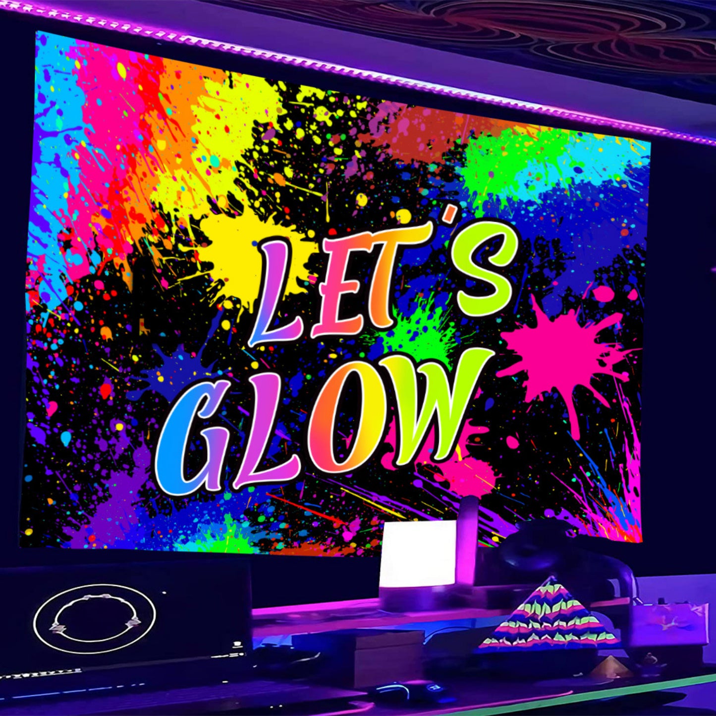 Let's Glow Crazy Retro 80s, Fluorescent Tapestry, Backlight Wall Hanging, Graffiti Neon Mandala, UV Tapestry For Costume Party, Dorm