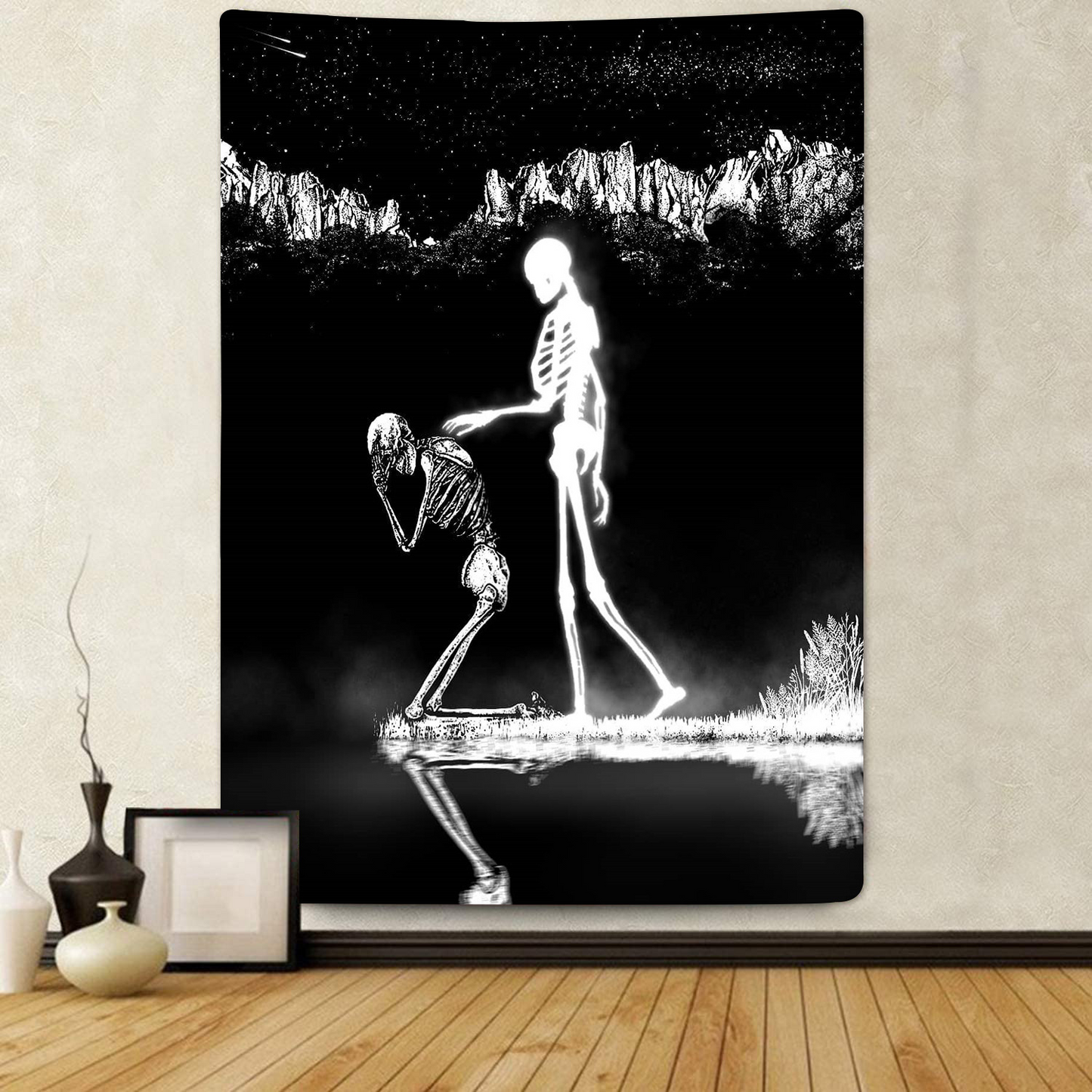 Skeleton Tapestries, Mountain Wave Tapestry,  Moon and Star Tarot Tapestry, Skull Wall Hanging, Black and White Wall Décor, Gothic  Poster