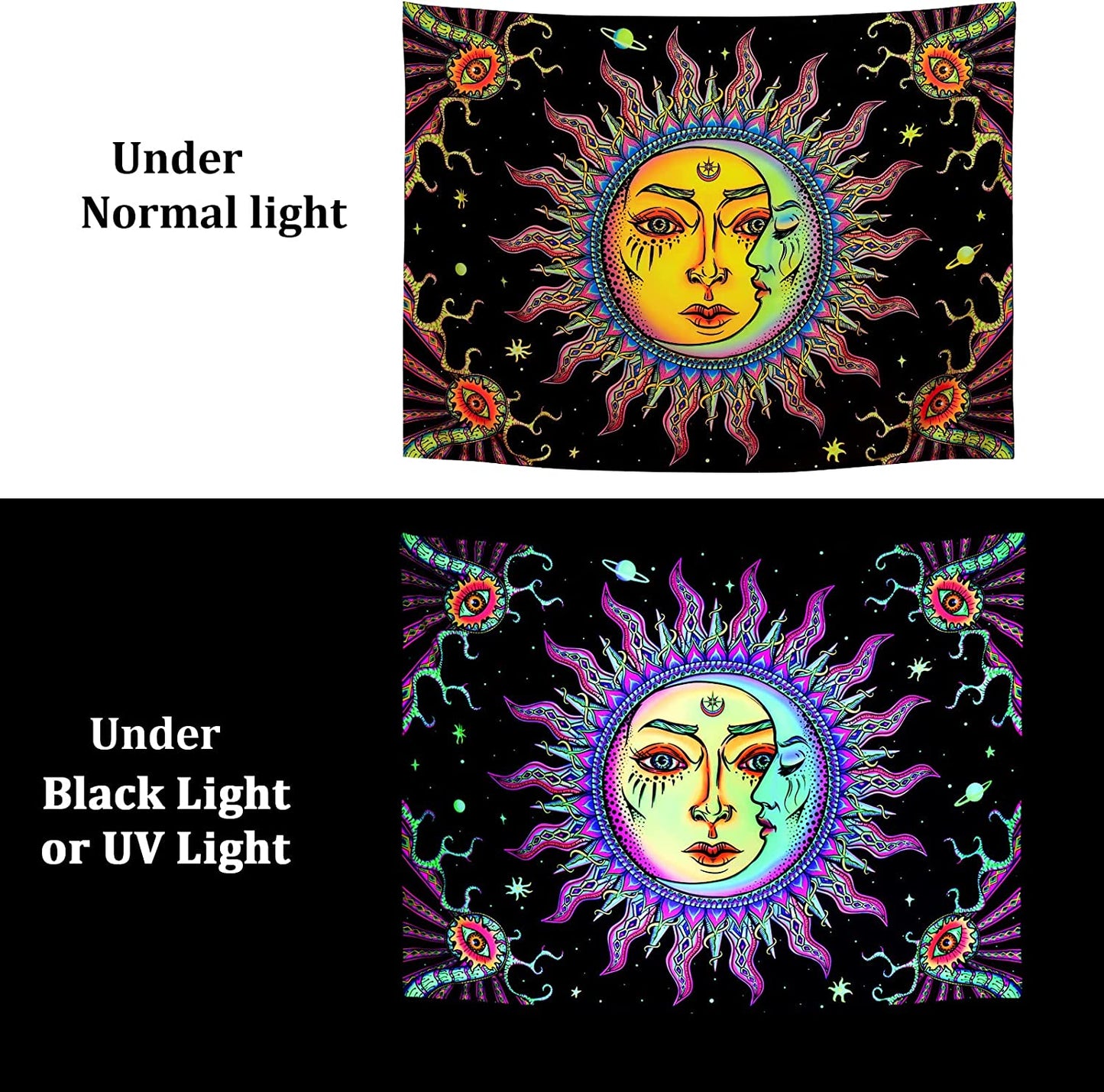 The Sun and Moon Tapestry, UV Reactive Burning Sun Wall hanging,  Backlight Wall Tapestry, Fluorescent Witch Psychedelic Mandala For Room