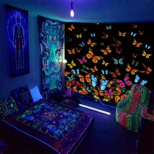 Trippy Butterfly Tapestry, Fantasy Butterflies  Wall Hanging, Colorful Moth Insect Wall Décor, Fluorescent Tapestry, for Girls Living Room