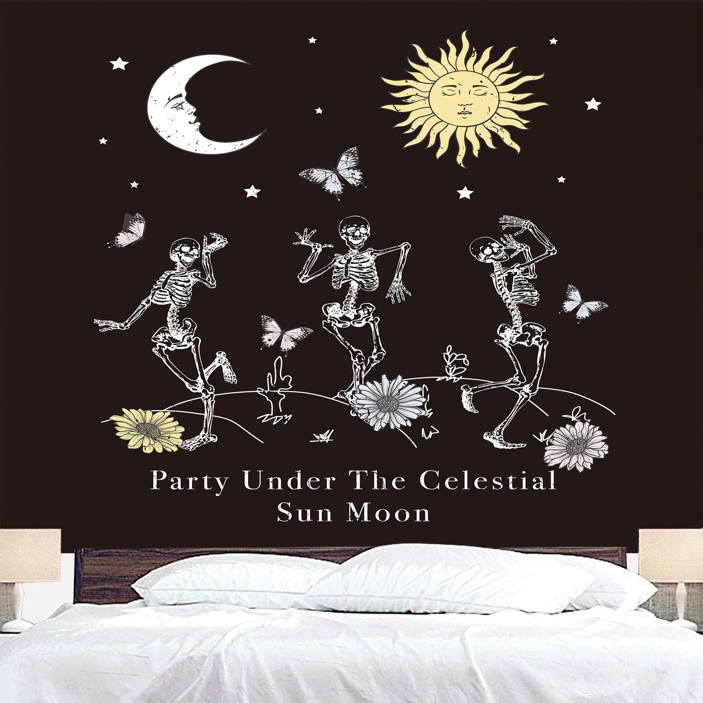 Party Under The Celestial Sun Moon Tapestry, Skeleton Tapestries, Skull Wall Hanging, Tarot Cloth, Flower Dark Goth Trippy Art Tapestry
