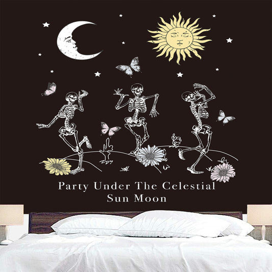 Party Under The Celestial Sun Moon Tapestry,  Skeleton Tapestries, Skull Wall Hanging,  Tarot Cloth,  Flower Dark Goth Trippy Art  Tapestry