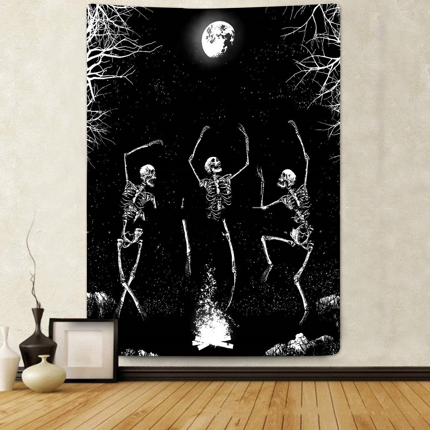 Skeleton Tapestry Wall Hanging, Psychedelic Party Aesthetics Décor, Skull Tapestry, Black and White Tablecloth, Moon Constellation Tapestry