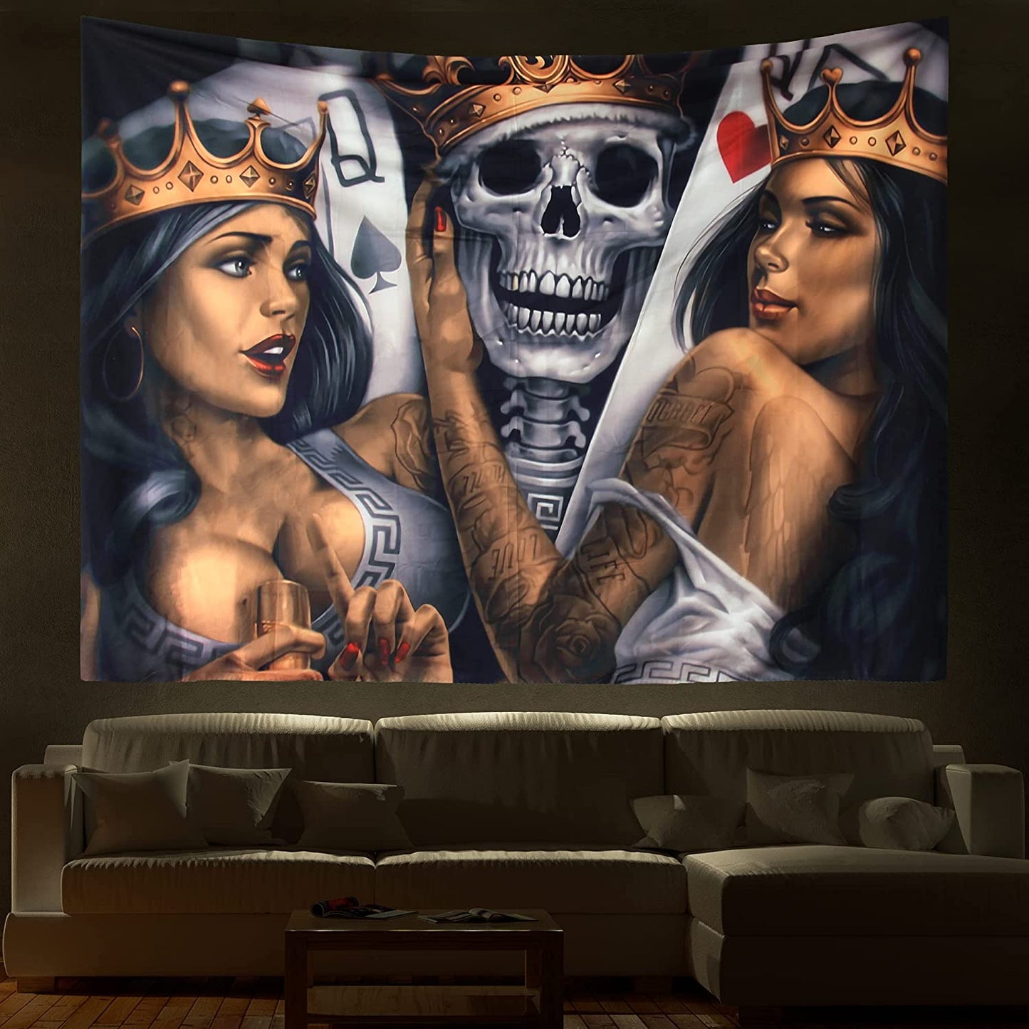 Sugar Skull with Crown Tapestry,  Skull Aesthetics,  Skeleton with Womens Wall Hanging , Witchy Decor Altar, Hippie Goth Trippy Home Décor