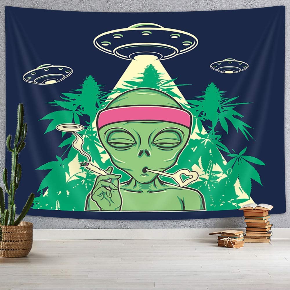 Alien Marijuana Tapestry, Trippy Weed Wall Hanging, Alien Smoking Weed Cannabis Wall Tapestry, Ufo Art, Marijuana Leaf Décor, Weed  Mandala