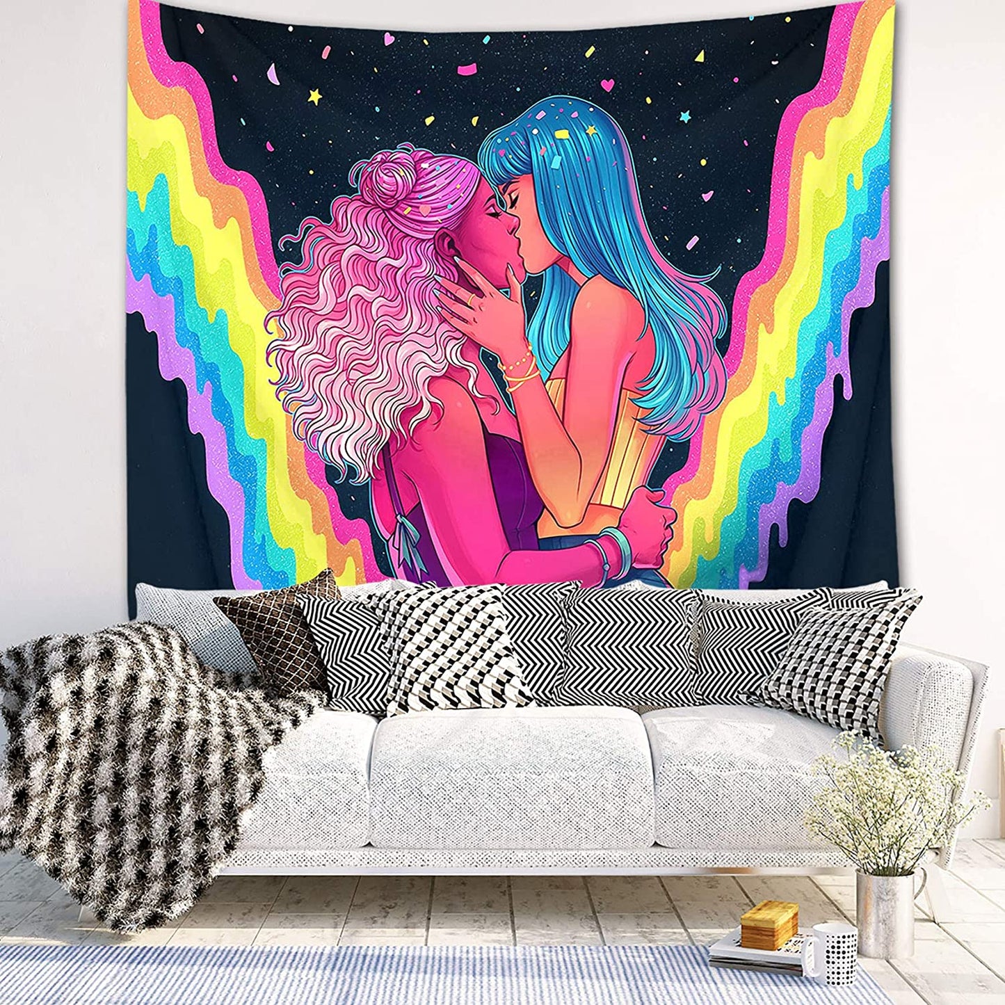 LGBT Tapestry , LGBT Flag,  Lesbian Kissing, Pride Love, Girl Love Wall Art , Rainbow Wall Hanging,  For Bedroom Living Room Dorm Décor