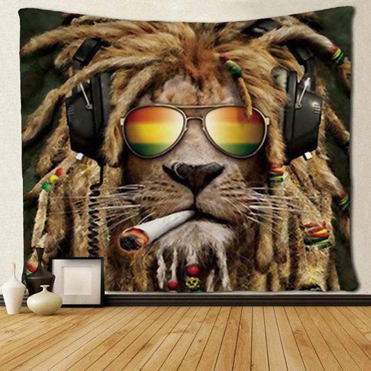 Reggae Tapestry, Lion Head Weed Smoke Cannabis Marijuana Tapestry , Grunge Room Decor, Psychedelic  Hippie Rastafarian Art, Indian Mandala