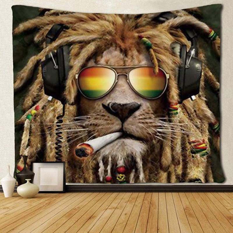 Reggae Tapestry, Lion Head Weed Smoke Cannabis Marijuana Tapestry , Grunge Room Decor, Psychedelic  Hippie Rastafarian Art, Indian Mandala