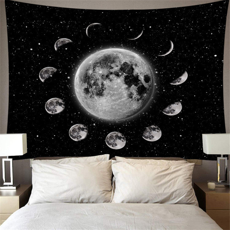 Lunar Tapestry,  Moon Phase Wall Hanging, Full Moon Wall Décor, Luna Tapestry, Black and White Art, Tarot Card Cloth, Starry Night Backdrop