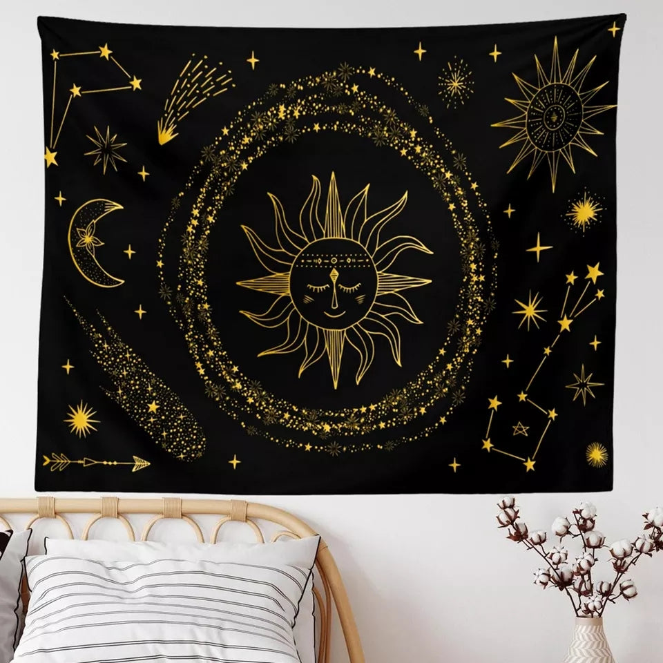 Black Yellow Sun Tapestry, Wall Hanging , Mysterious Hippie Bohemian  Print, Tarot Cloth, Medieval Tapestries For Bedroom Living Room Dorm