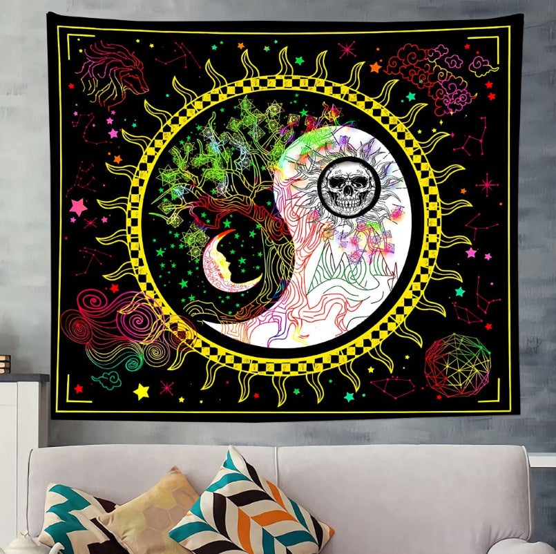 Trippy Sun and Moon Tapestry Skull Tapestry Wall Hanging Psychedelic Black Light Skeleton Tapestries for Bedroom Aesthetics Party Decor