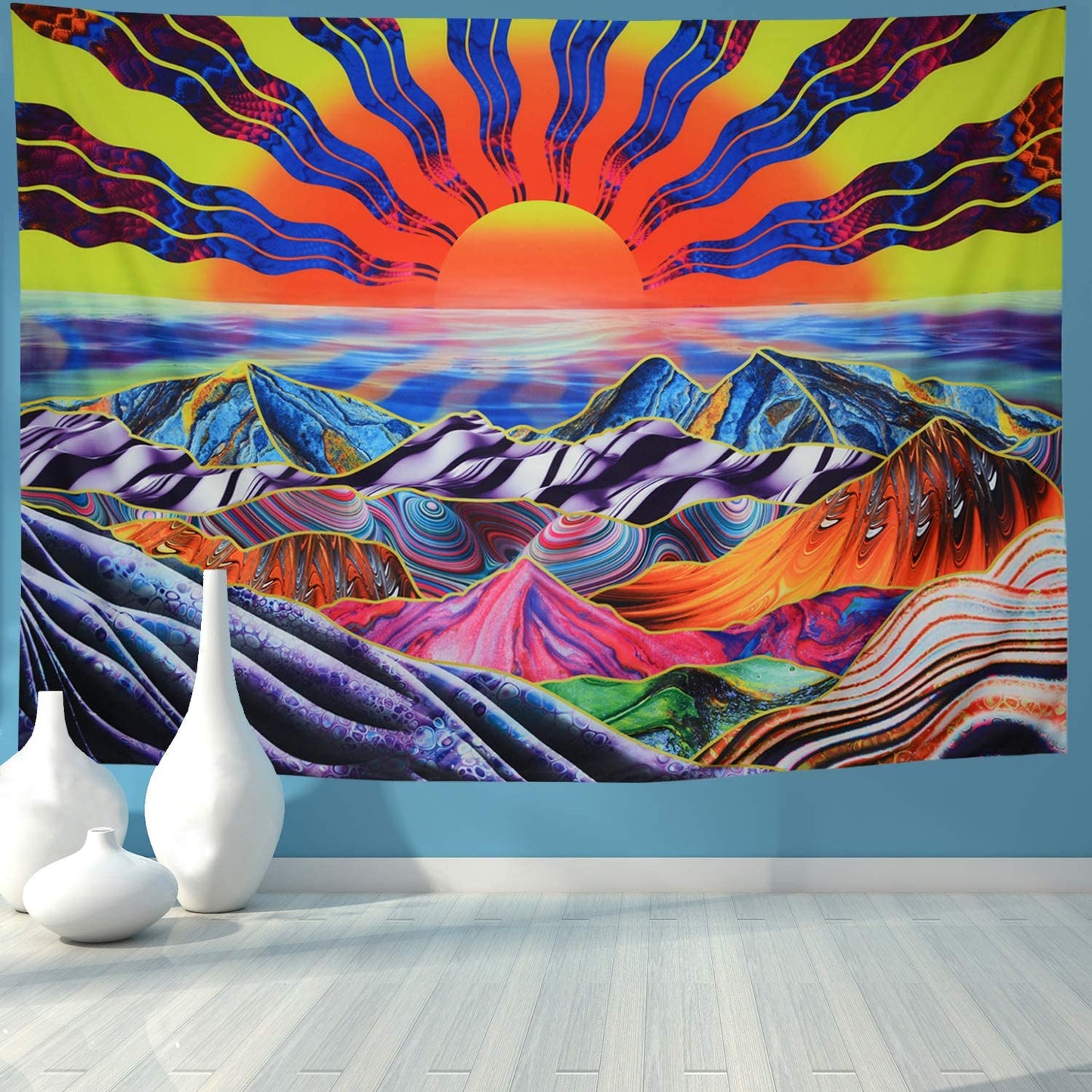 Sun Tapestry ,Psychedelic Waves Bohemian Colors Wall Hanging , Sunset Design, Surreal Art, Celestial Tapestries  for Bedroom College Dorm