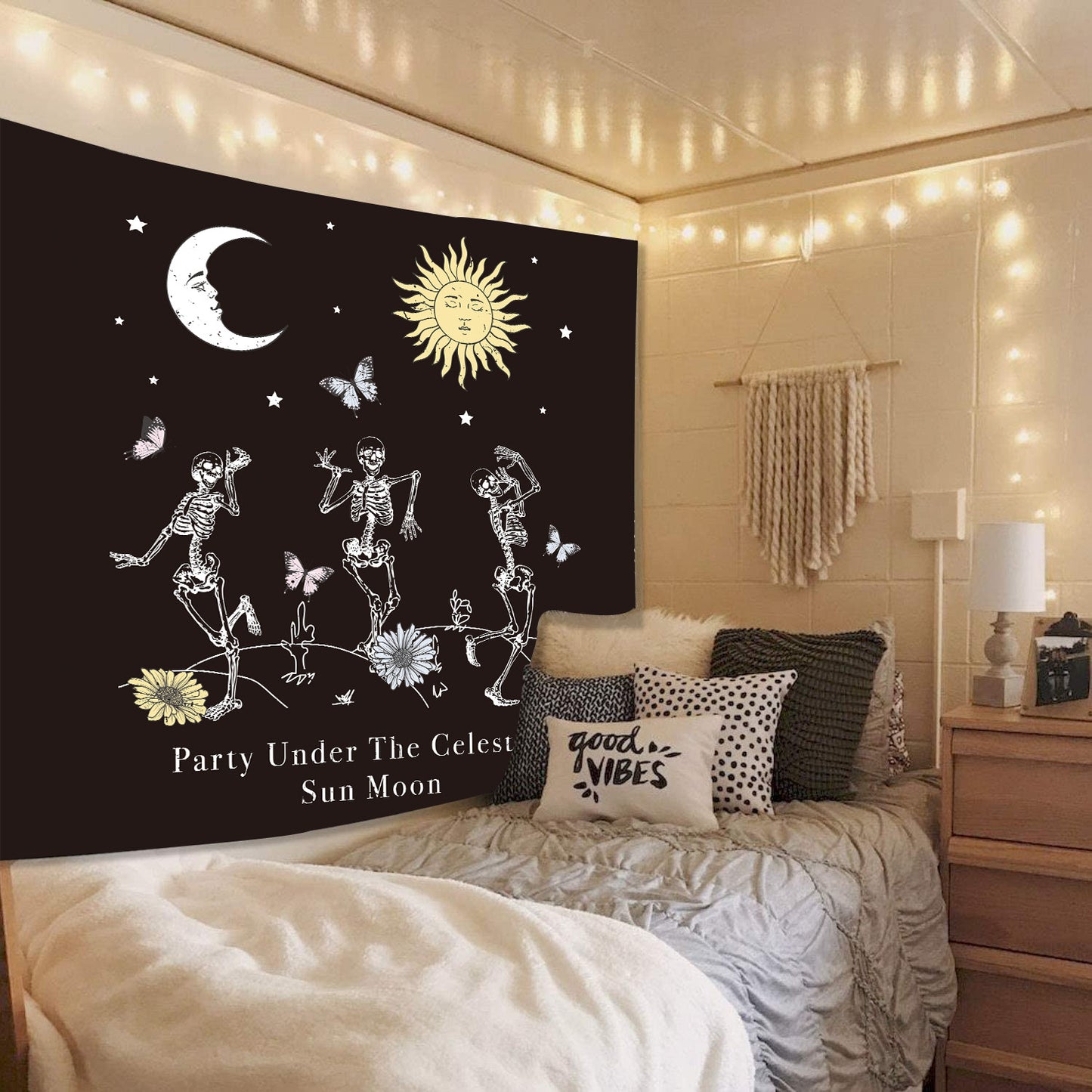 Party Under The Celestial Sun Moon Tapestry, Skeleton Tapestries, Skull Wall Hanging, Tarot Cloth, Flower Dark Goth Trippy Art Tapestry
