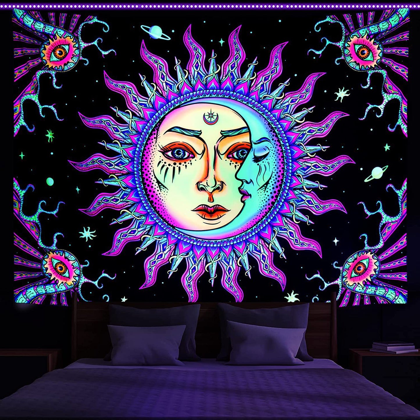 The Sun and Moon Tapestry, UV Reactive Burning Sun Wall hanging,  Backlight Wall Tapestry, Fluorescent Witch Psychedelic Mandala For Room
