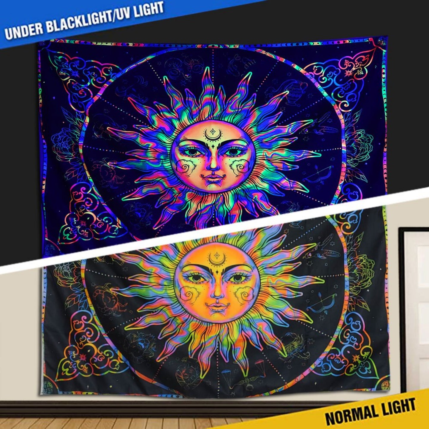 The Sun Tapestry, UV Reactive Burning Sun Wall hanging, Constellation Backlight Wall Tapestry, Fluorescent  Astrology Psychedelic Mandala
