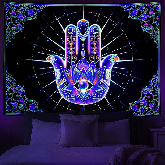 Hamsa Hand Tapestry, Evil Eye Blacklight Wall Hanging, Fluorescent Psychedelic Trippy Mandala, UV Reactive Tapestries for Dorm, Yoga Room