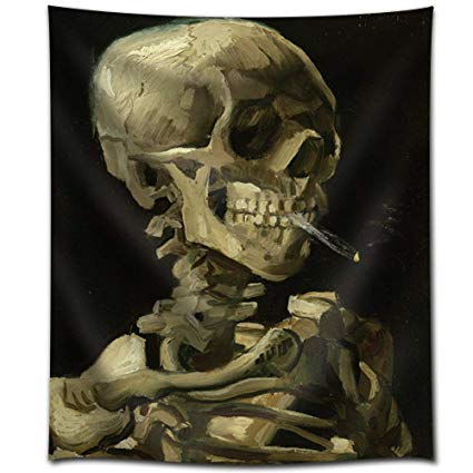Skeleton Tapestry, Head of a Skeleton with a Burning Cigarette, Vincent van Gogh ,Skull Tapestry, No Smoking Wall Art , Skull Wall Hanging