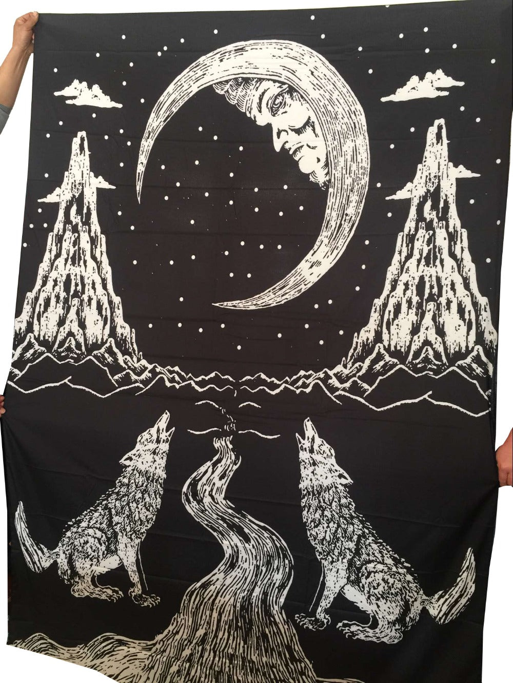 Wolf and Moon Tapestry, Black and White Gothic Psychedelic Popular Mystic Wall Hanging Tapestry, Hippie Mandala, Divination Tarot Tapestry