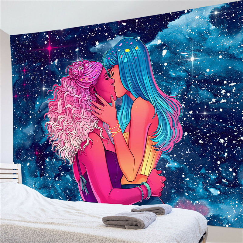 Girl Kissing Tapestry , LGBT Pride Lesbian Art , Girlfriend Love, Guy Love Wall Art , Romantic Wall Hanging,  For Bedroom Living Room Dorm