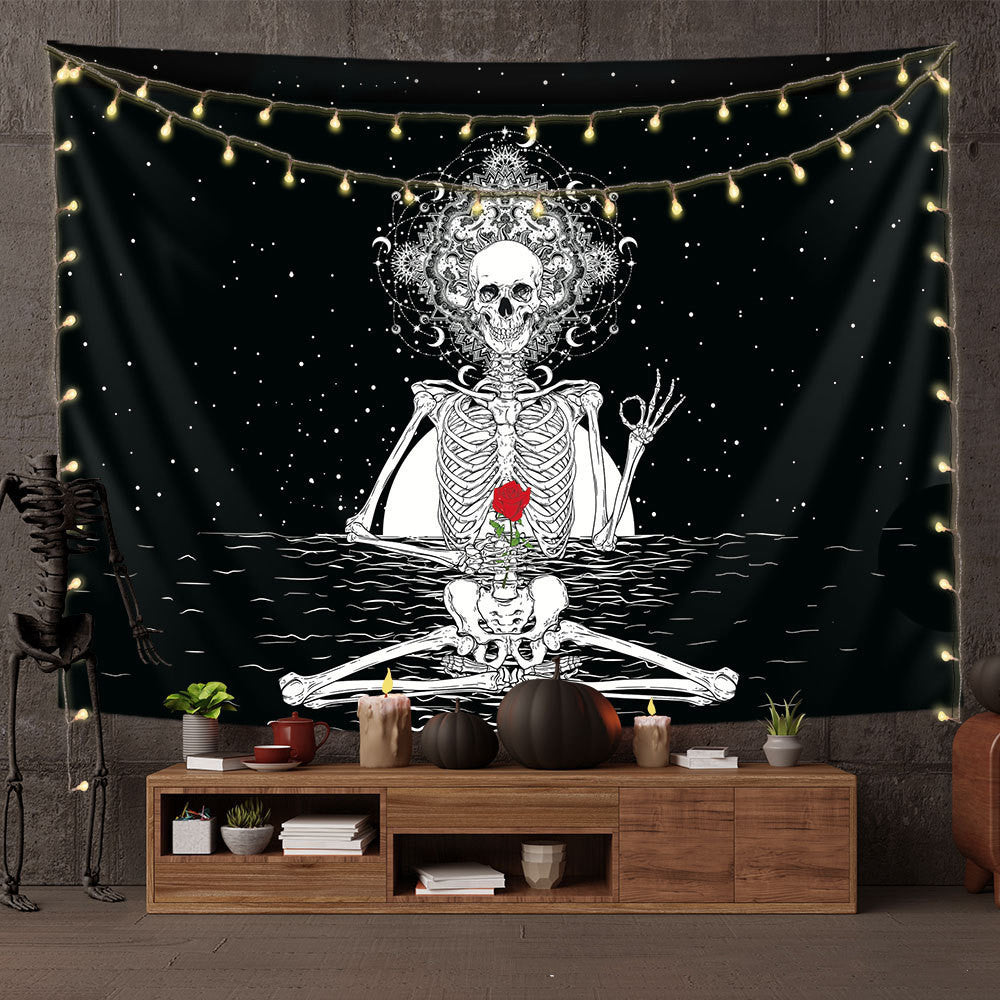 Meditating Skeleton Tapestry, Skull Wall Tapestry, Black and White Yoga Wall Hanging, Bedroom Decor Skeleton Background Gobelin Tapisserie