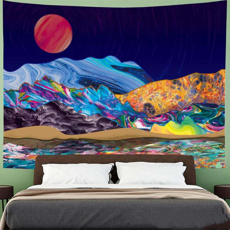 Psychedelic Sunset Tapestry, Trippy Blue Mountain Tapestry, Red Sun Wall Hanging, Aesthetic Landscape Tapestry for Bedroom Home Décor Dorm