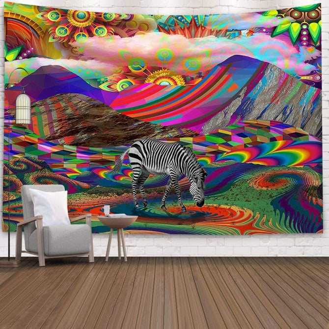 Rainbow Tapestry ,Psychedelic Mountain Colorful Landscape Abstract Magic Fantasy Zebra Tapestry,  Boho Retro Wall Tapestry  for Bedroom Dorm