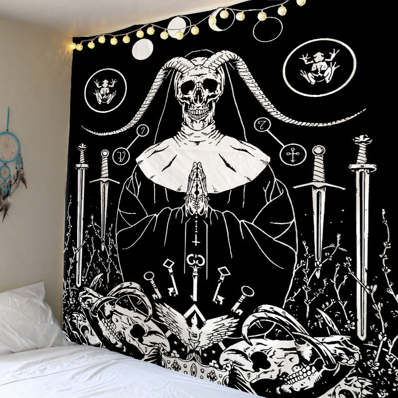 Black Tapestry Wall Hanging,  Skull Demon Pagan Goat Tarot Divination Celestial Sun and Moon Night Sky Hippie Boho Psychedelic Mandala Dorm
