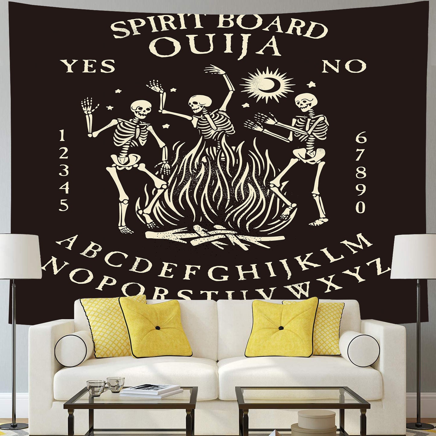 Dancing Skeleton Tapestry Wall Hanging, Skull Tapestries,  Spirit Board Ouija Wall Hanging,  Aesthetic Mystical Goth Trippy Hippie  Tapestry