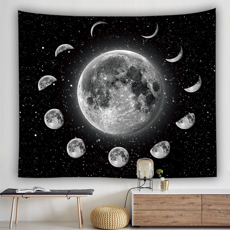 Lunar Tapestry,  Moon Phase Wall Hanging, Full Moon Wall Décor, Luna Tapestry, Black and White Art, Tarot Card Cloth, Starry Night Backdrop