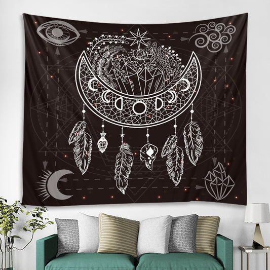 Dreamcatcher Tapestry, Tarot Wall Art , Moon  Tapestry ,Black And White Wall Hanging, Bohemian Cloth, Trippy Psychedelic  Mandala, Yoga Mat