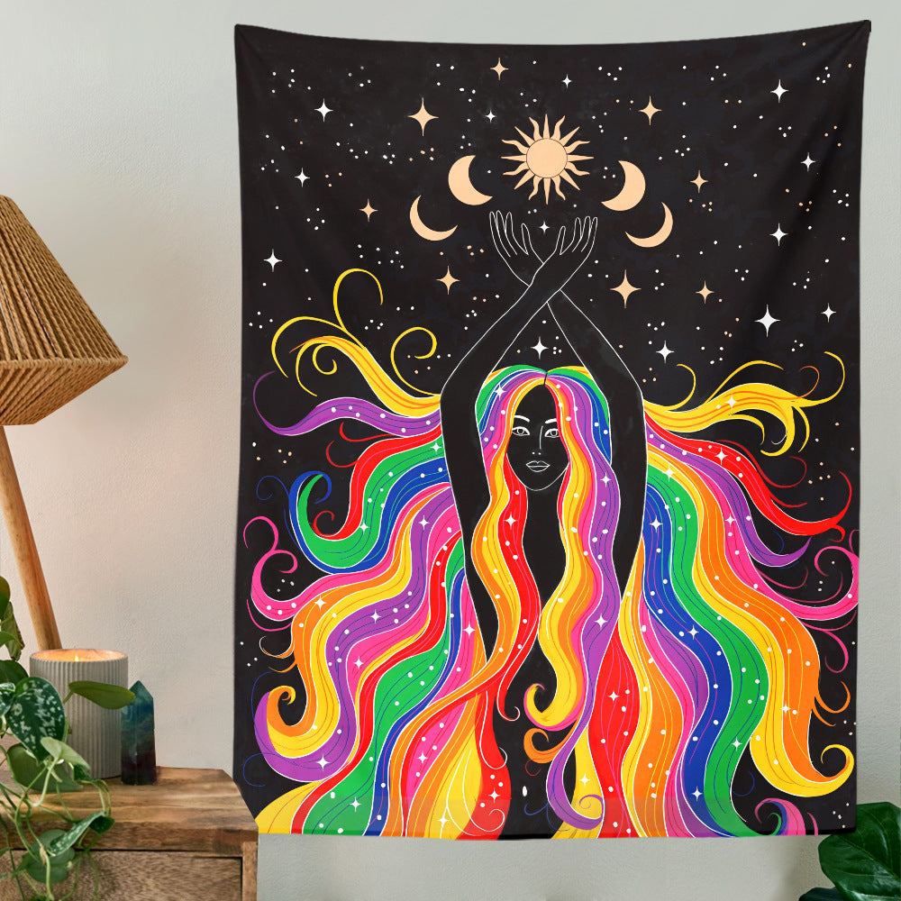 Sun and Moon Tapestry with Star, Rainbow Girl Wall Hanging, Tarot Tablecloth, Bohemian Celestial Gothic Mandala for Bedroom, Living Room
