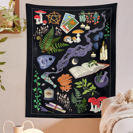 Mushrooms Tapestry, Tarot Wall Hanging, Witch Wall Art Witchcraft Witchy Décor, Gothic Psychedelic Hippie Bohemian Tapestry, For Dorm, Room