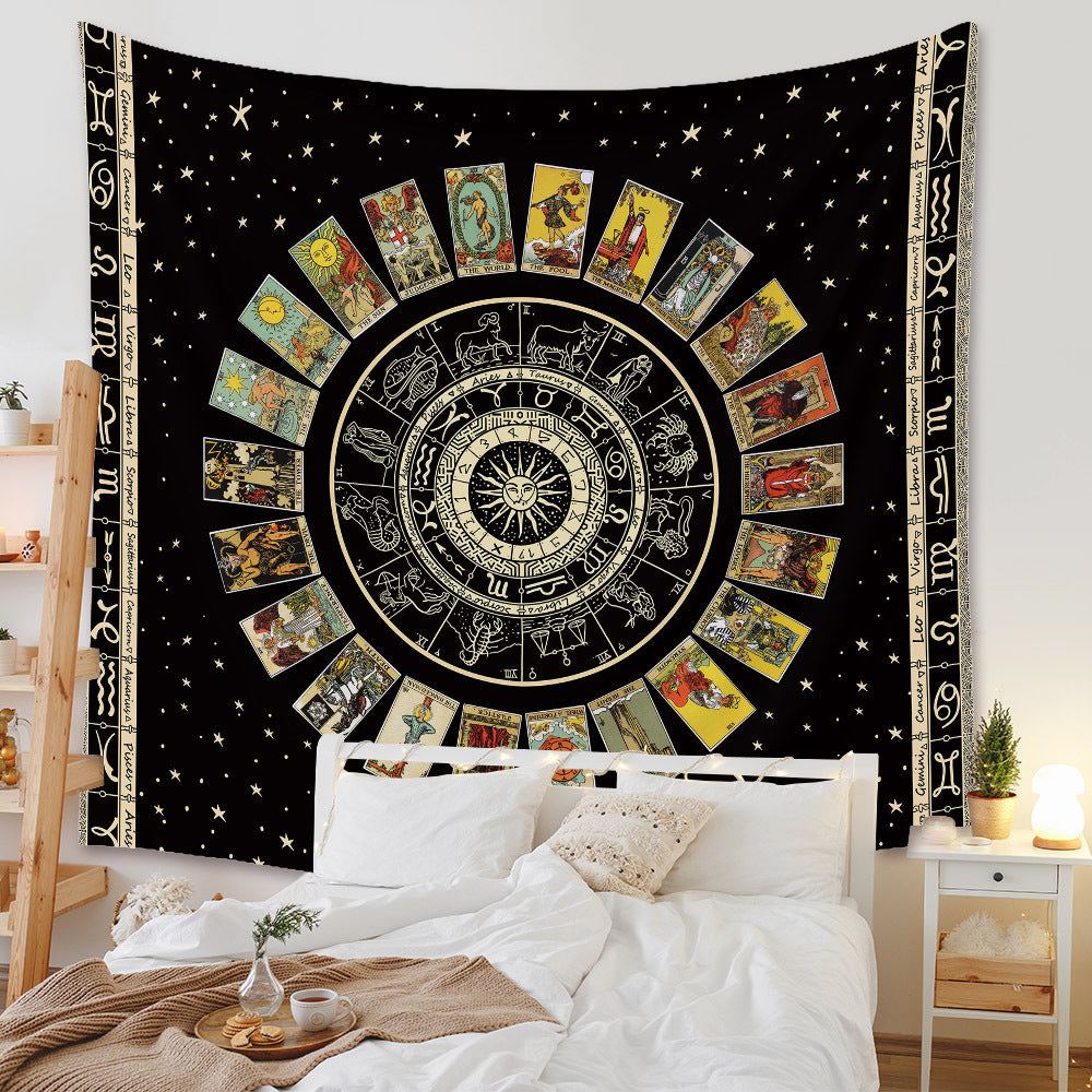 Black Mandala Tarot Card Tapestry Wheel of the Zodiac Witchy Astrology Aesthetic Celestial Constellation Wall Hanging for Living Room, Dorm
