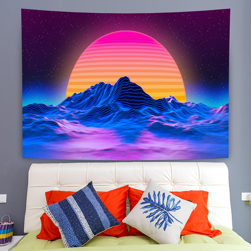 Fluorescent Tapestry, Mountain Landscape Wall Hanging, Sunset Tapestry ,Surreal Art,  Trippy Backdrop, for  Bedroom Dorm , Neon Party Décor