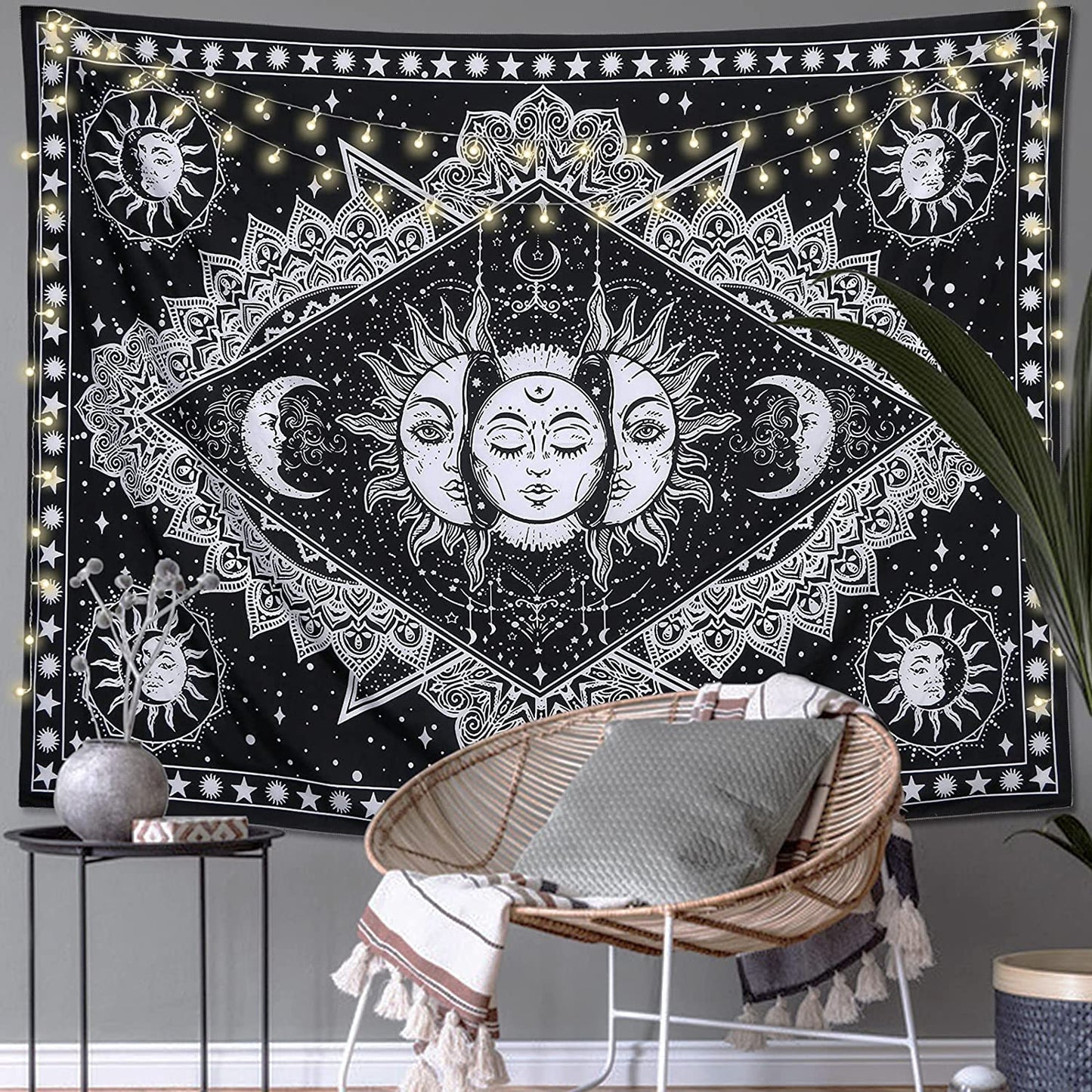 Sun and Moon Wall Hanging, Black and White Tapestry, Tarot Design, Chakra Mystic Mandala, Aesthetics Wall Art for Living Room and Bedroom