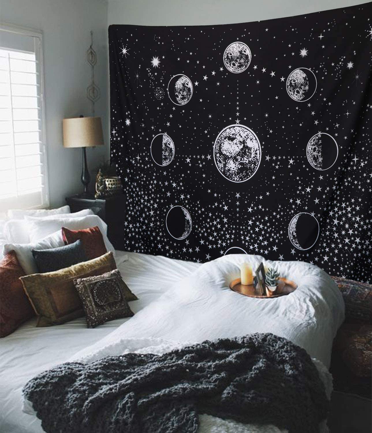 Moon Phase Tapestry , Black and White Wall Hanging, Starry Night , Sky , Universe, Galaxy Décor , Celestial Tarot Posters For Bedroom Room