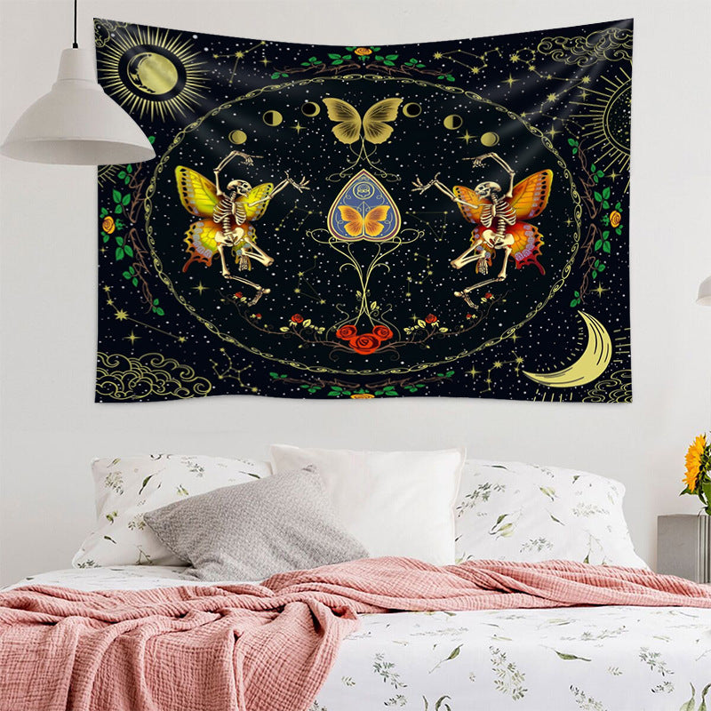 Moth Butterfly Tapestry, Skull Tapestry , Black Tarot Skeleton Wall Hanging ,Sun and Moon Cloth, Hippie ,Goth, Aesthetic for Bedroom, Dorm