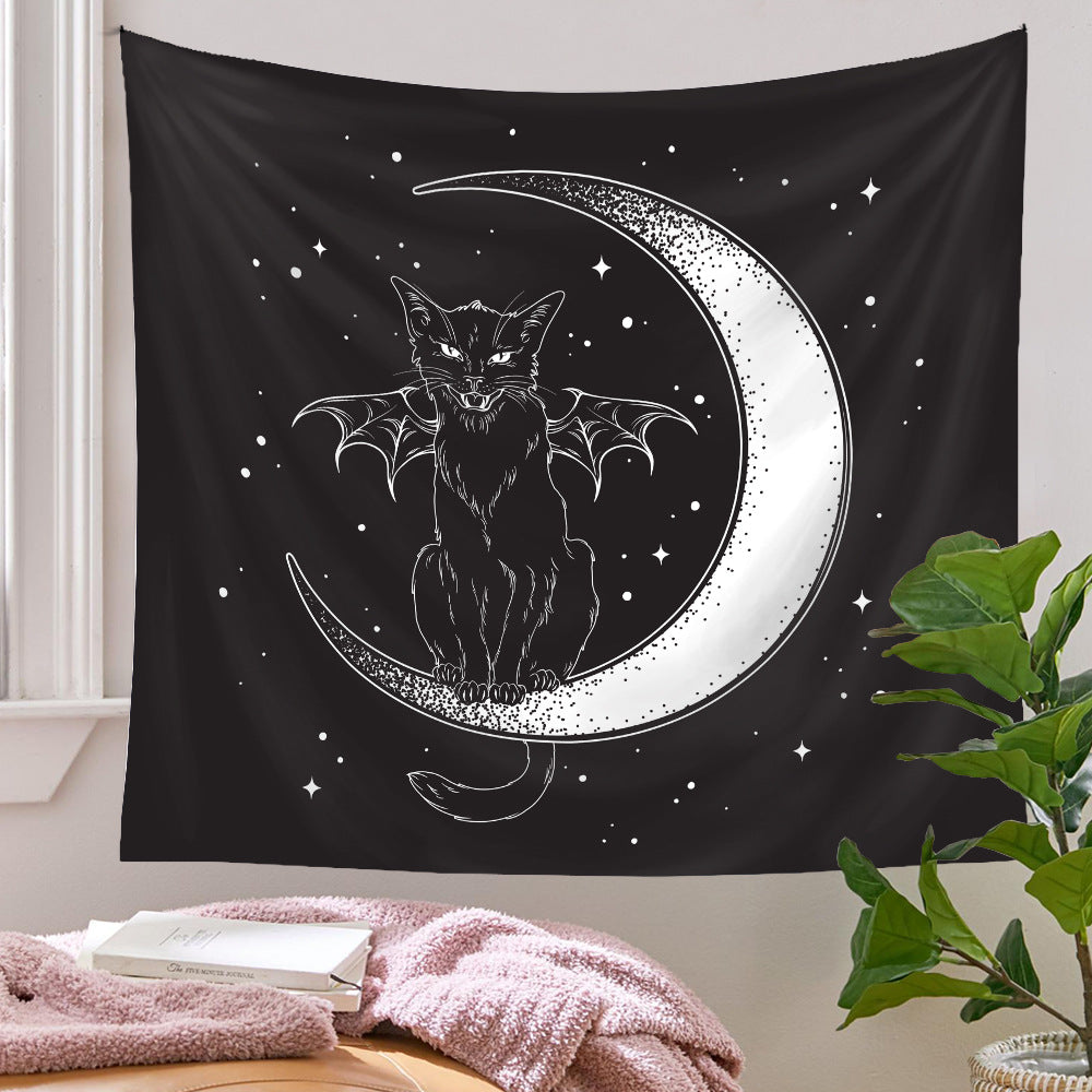 Black Cat Tapestry, Pagan Wall Hanging , Black and White Tapestry,  Moon Phase Decor , Spiritual  Goth Mandala ,Witchy Art for Living Room