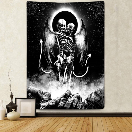 Gothic Angel Skeleton Tapestry,  Skull  Tapestries,  Black Sun Tarot Tapestry, Gothic Wall Hanging, Goth Poster Beach Blanket College Dorm